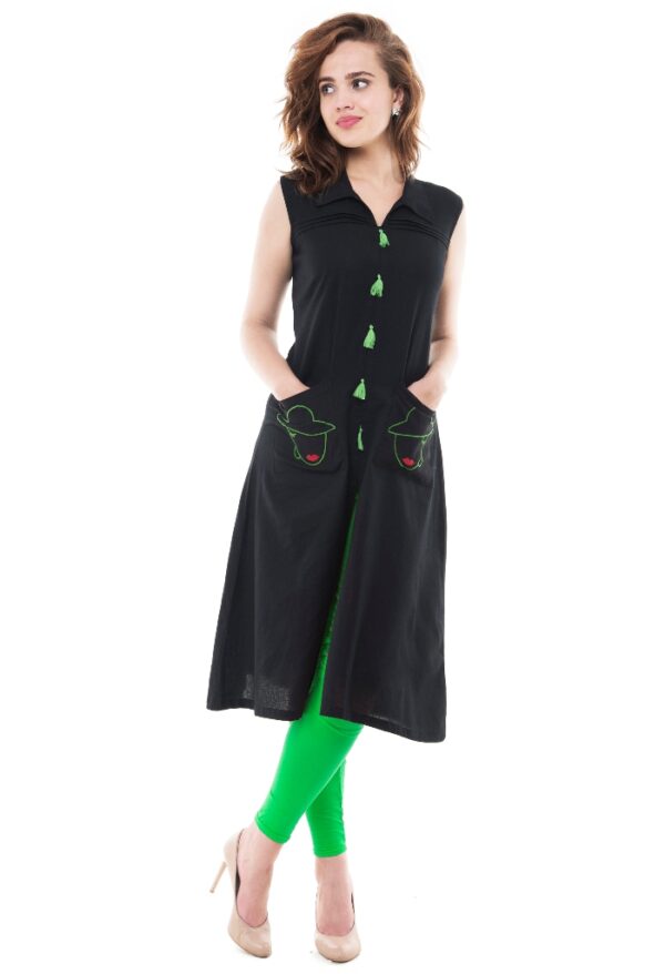 Cotton Embroidered Kurta with Fabric Button