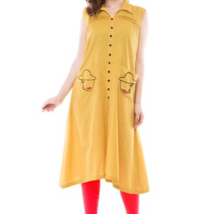 Cotton Embroidered Kurta with Fabric Button Mustard