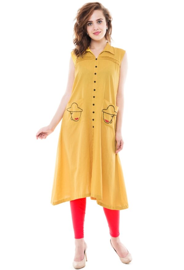 Cotton Embroidered Kurta with Fabric Button Mustard