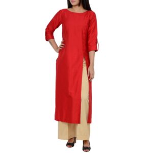 Cotton Silk Kurta with 3 Slits in Red